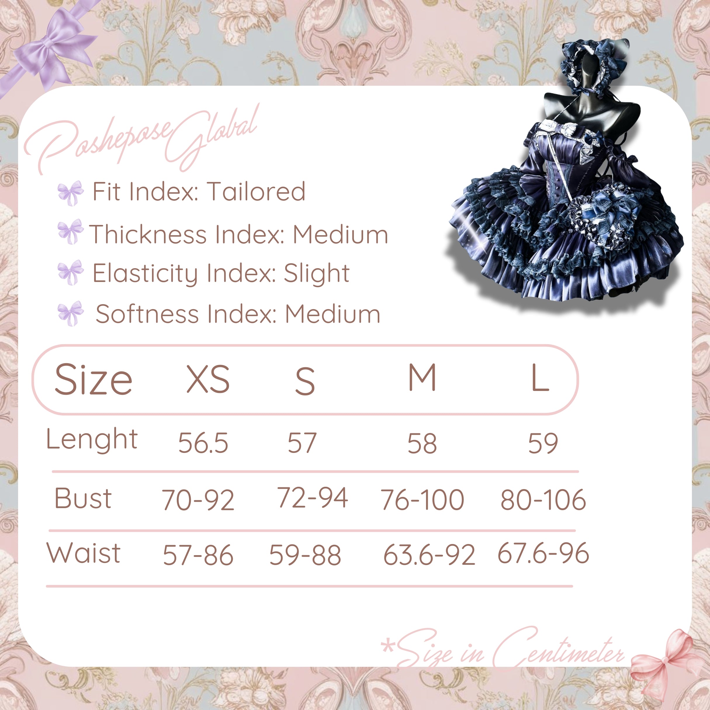 POSHEPOSE - Hidden Fox Dress Navy Edition Set - official POSHEPOSE size chart