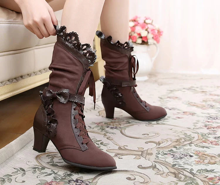 Meteorite's Wound - Winter Gothic Lolita Boots Dark Velvet Mid-Calf Heels - image 3