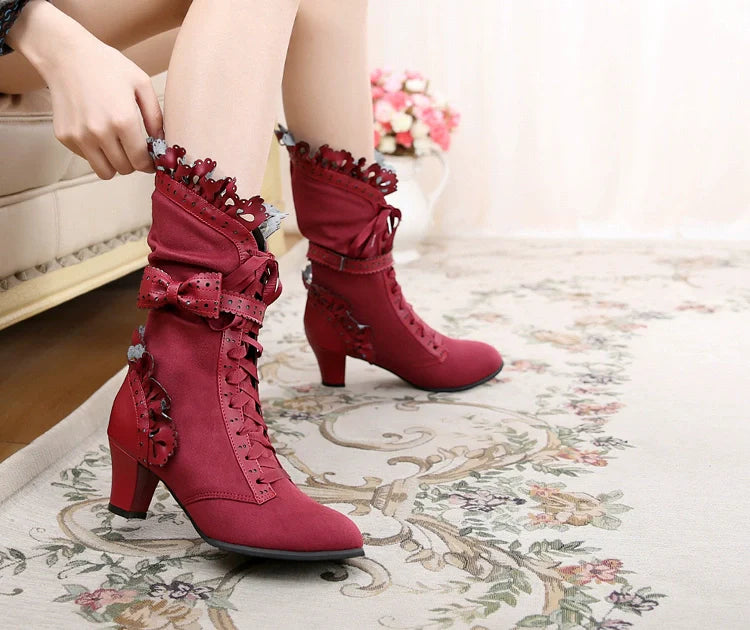 Meteorite's Wound - Winter Gothic Lolita Boots Dark Velvet Mid-Calf Heels - image 14