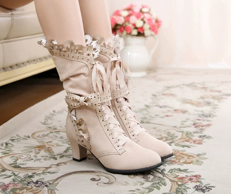 Meteorite's Wound - Winter Gothic Lolita Boots Dark Velvet Mid-Calf Heels - image 30