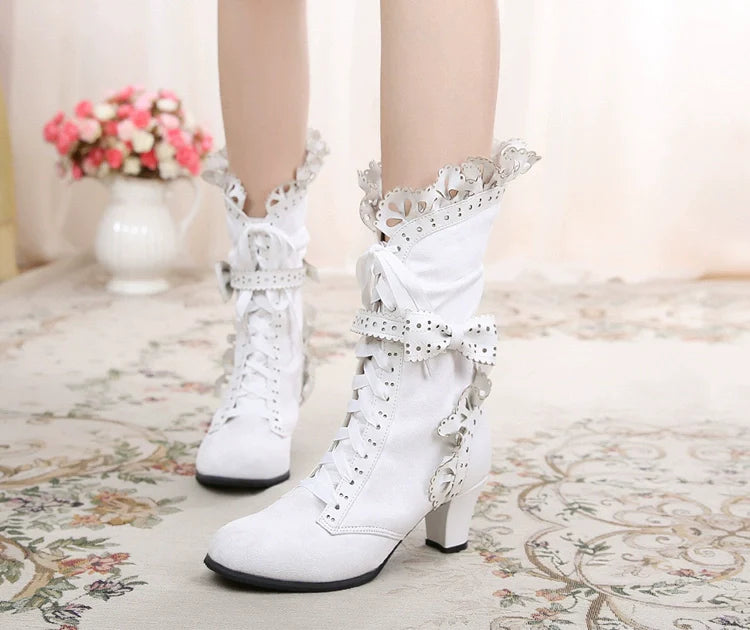 Meteorite's Wound - Winter Gothic Lolita Boots Dark Velvet Mid-Calf Heels - image 18