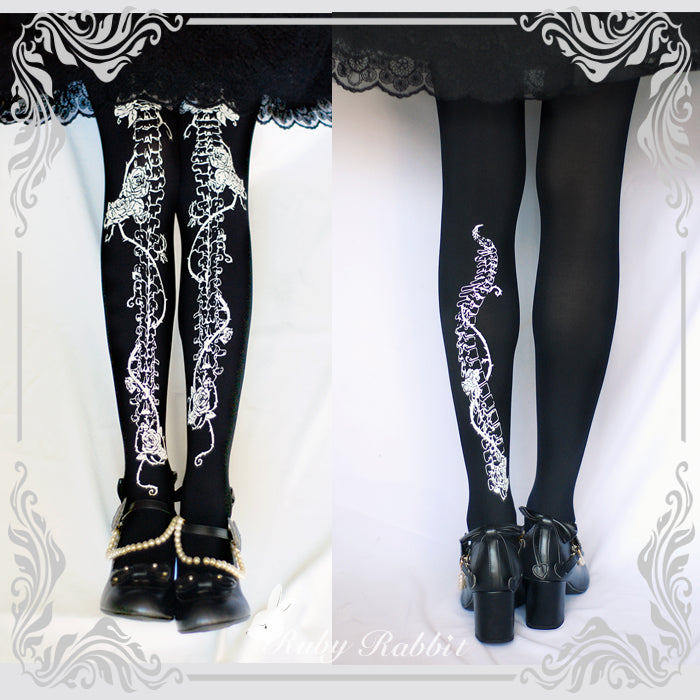 Gothic Lolita Bone and Rose Print Pantyhose - image 1