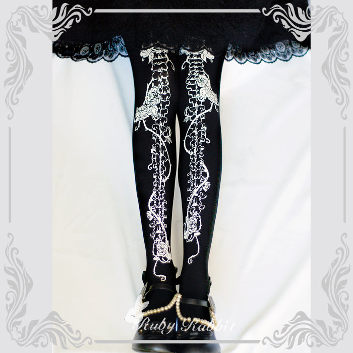 Gothic Lolita Bone and Rose Print Pantyhose - image 2