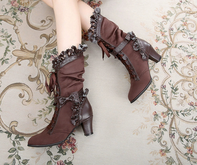 Meteorite's Wound - Winter Gothic Lolita Boots Dark Velvet Mid-Calf Heels - image 1