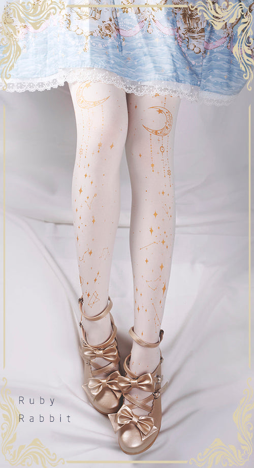 120D Velvet Lolita Tights, Gold Foil Print - image 1
