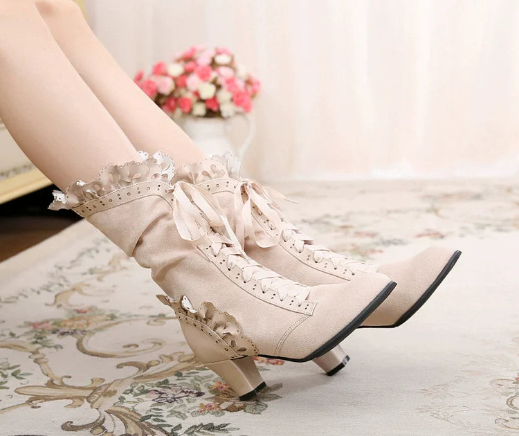 Meteorite's Wound - Winter Gothic Lolita Boots Dark Velvet Mid-Calf Heels - image 32