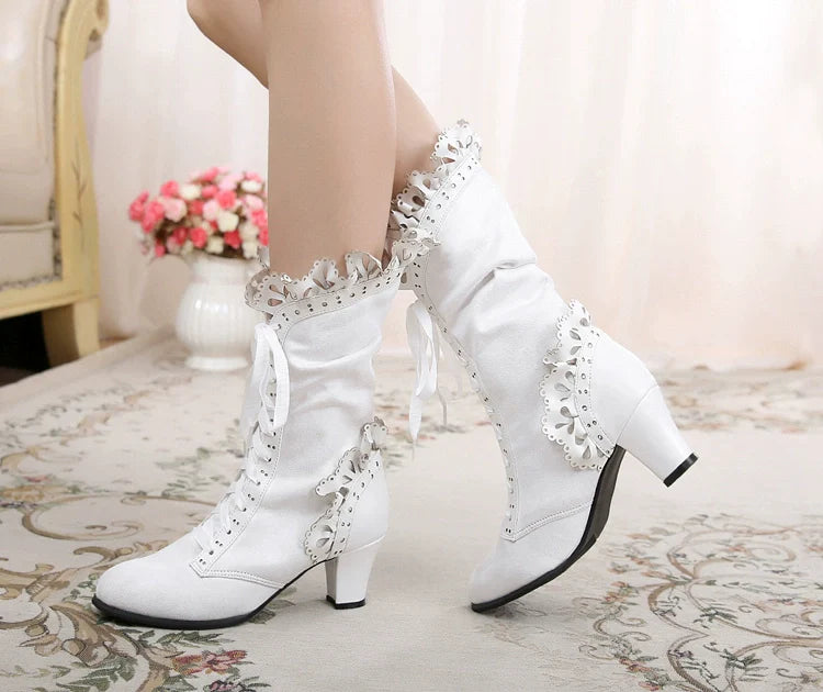Meteorite's Wound - Winter Gothic Lolita Boots Dark Velvet Mid-Calf Heels - image 38