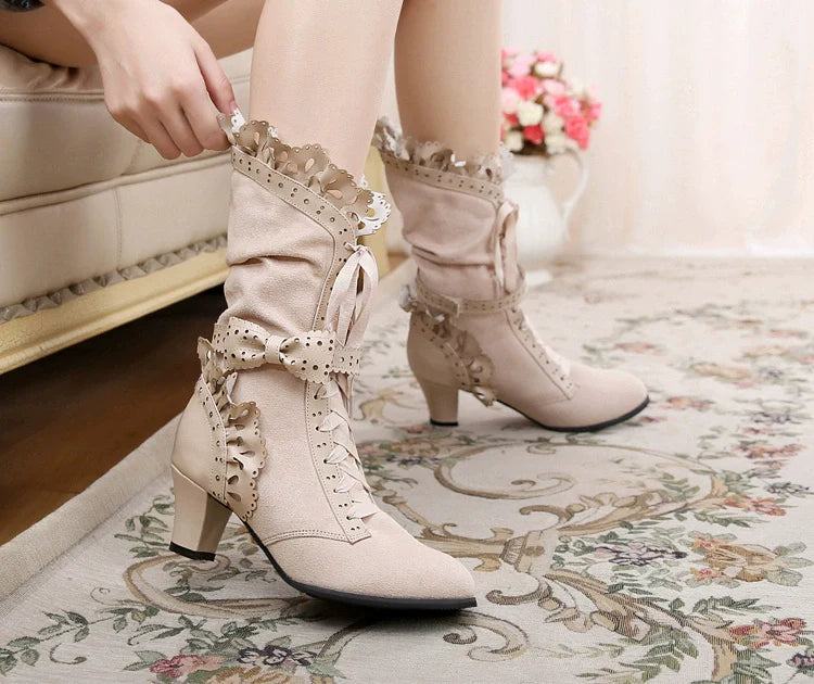 Meteorite's Wound - Winter Gothic Lolita Boots Dark Velvet Mid-Calf Heels - image 31