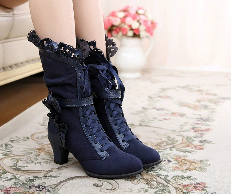 Meteorite's Wound - Winter Gothic Lolita Boots Dark Velvet Mid-Calf Heels - image 25