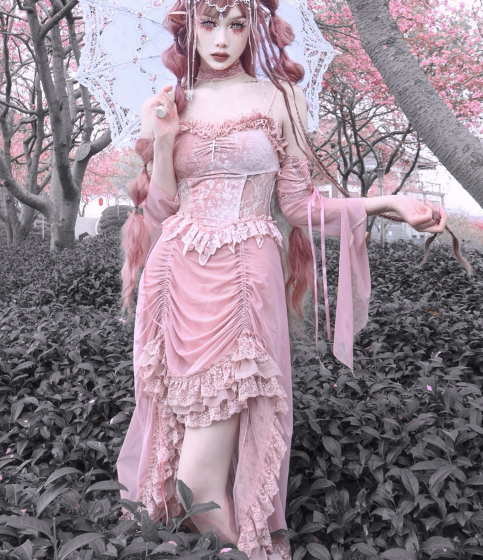 Sakura Nightmare - Pink Gothic Velvet Drawstring Dress - image 11