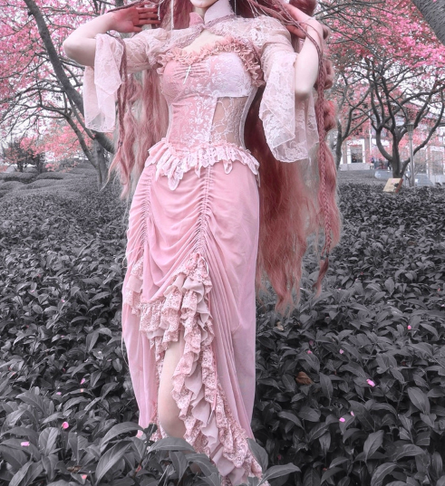 Sakura Nightmare - Pink Gothic Velvet Drawstring Dress - image 13