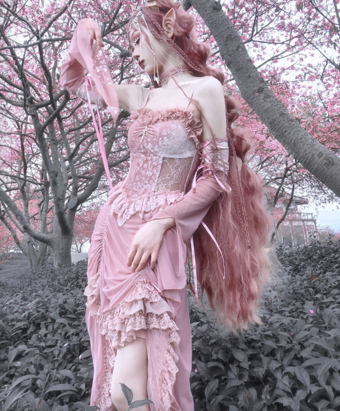 Sakura Nightmare - Pink Gothic Velvet Drawstring Dress - image 14