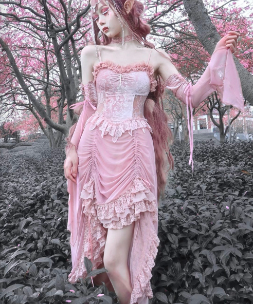 Sakura Nightmare - Pink Gothic Velvet Drawstring Dress - image 15