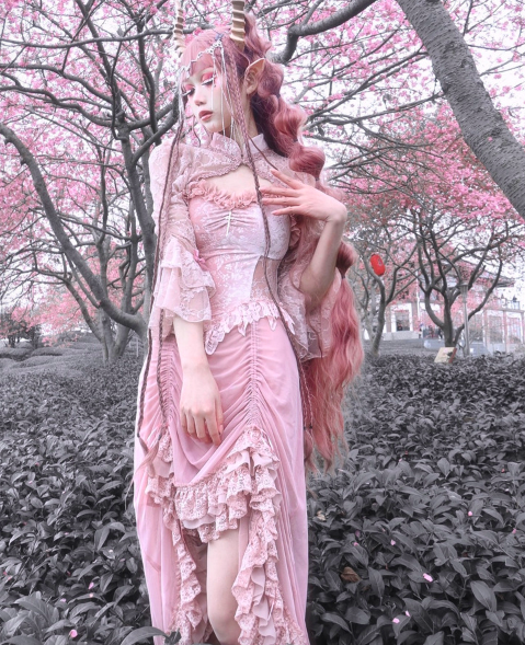 Sakura Nightmare - Pink Gothic Velvet Drawstring Dress - image 16