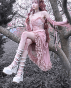 Sakura Nightmare - Pink Gothic Velvet Drawstring Dress - image 17