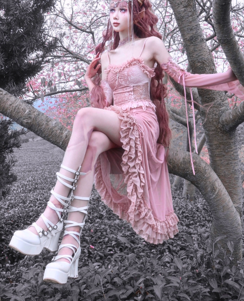 Sakura Nightmare - Pink Gothic Velvet Drawstring Dress - image 17