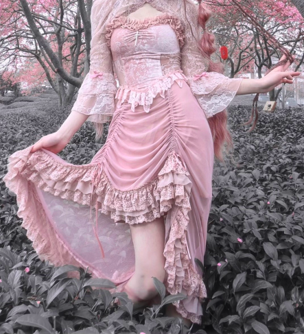 Sakura Nightmare - Pink Gothic Velvet Drawstring Dress - image 18