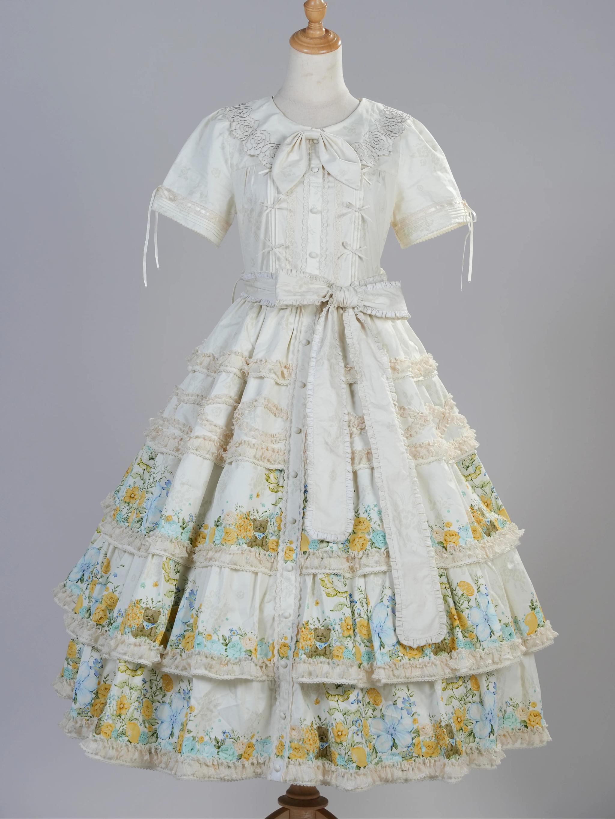 Flower Rabbit Bear - Country Lolita Tiered Skirt Dress, Floral & Bear Print and Accessories - image 2