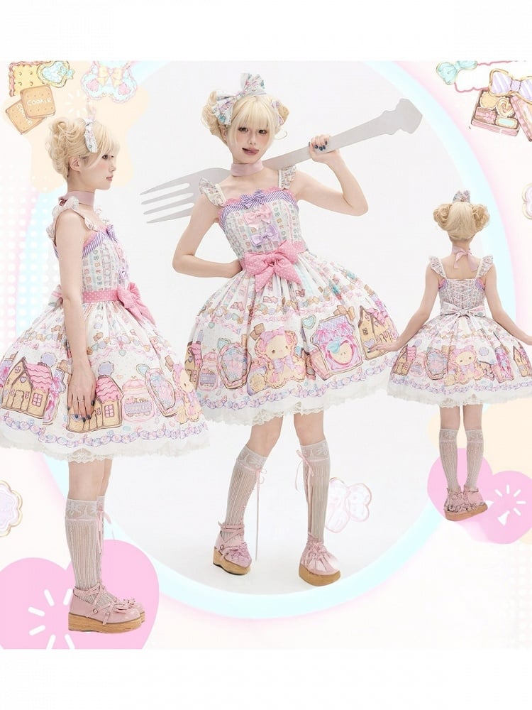 Adorable White Bear-Print Lace JSK with Ribbon Embellishments - Sweet Dream Shop - image 3