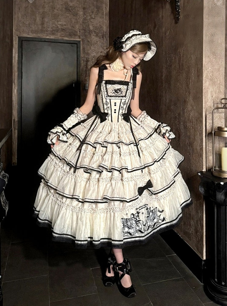 Beige and Black Swan-Embroidered Ruffled Classic Lolita JSK - image 11