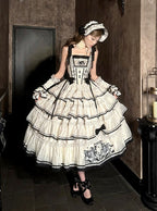 Beige and Black Swan-Embroidered Ruffled Classic Lolita JSK - image 11