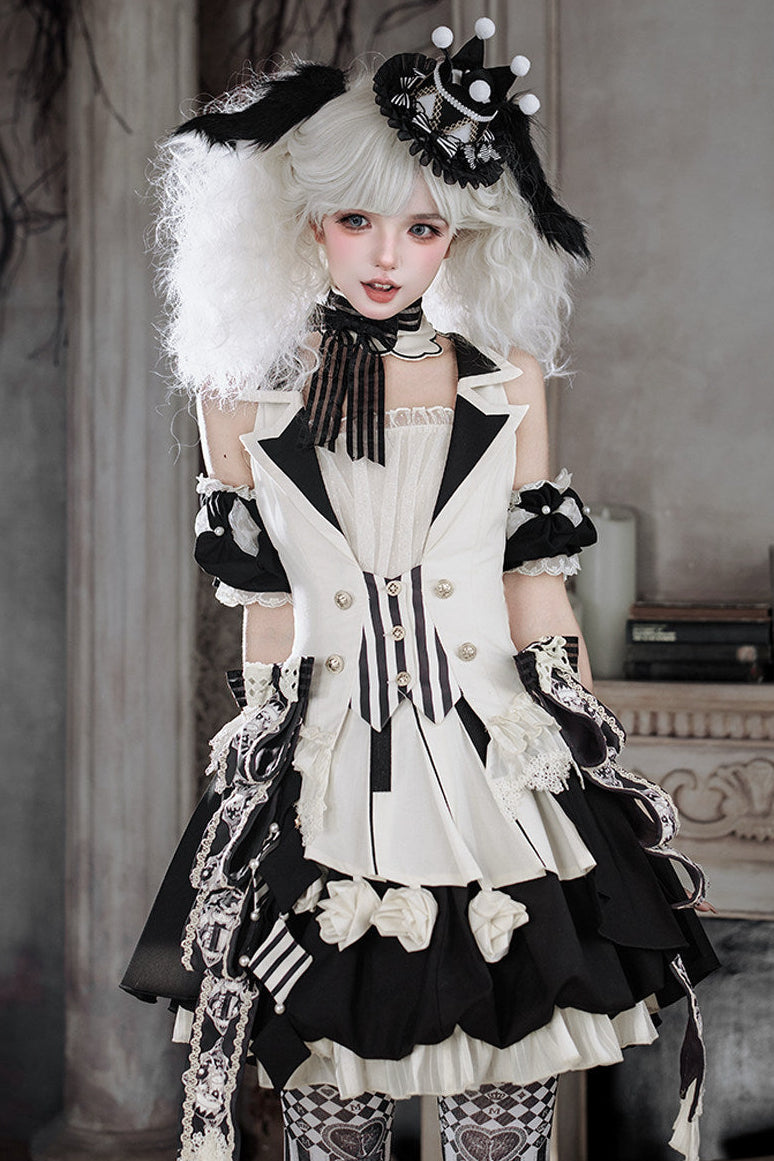 Black Candy Cane Stripe Circus Gothic Lolita Vest Skirt Full Set - image 3