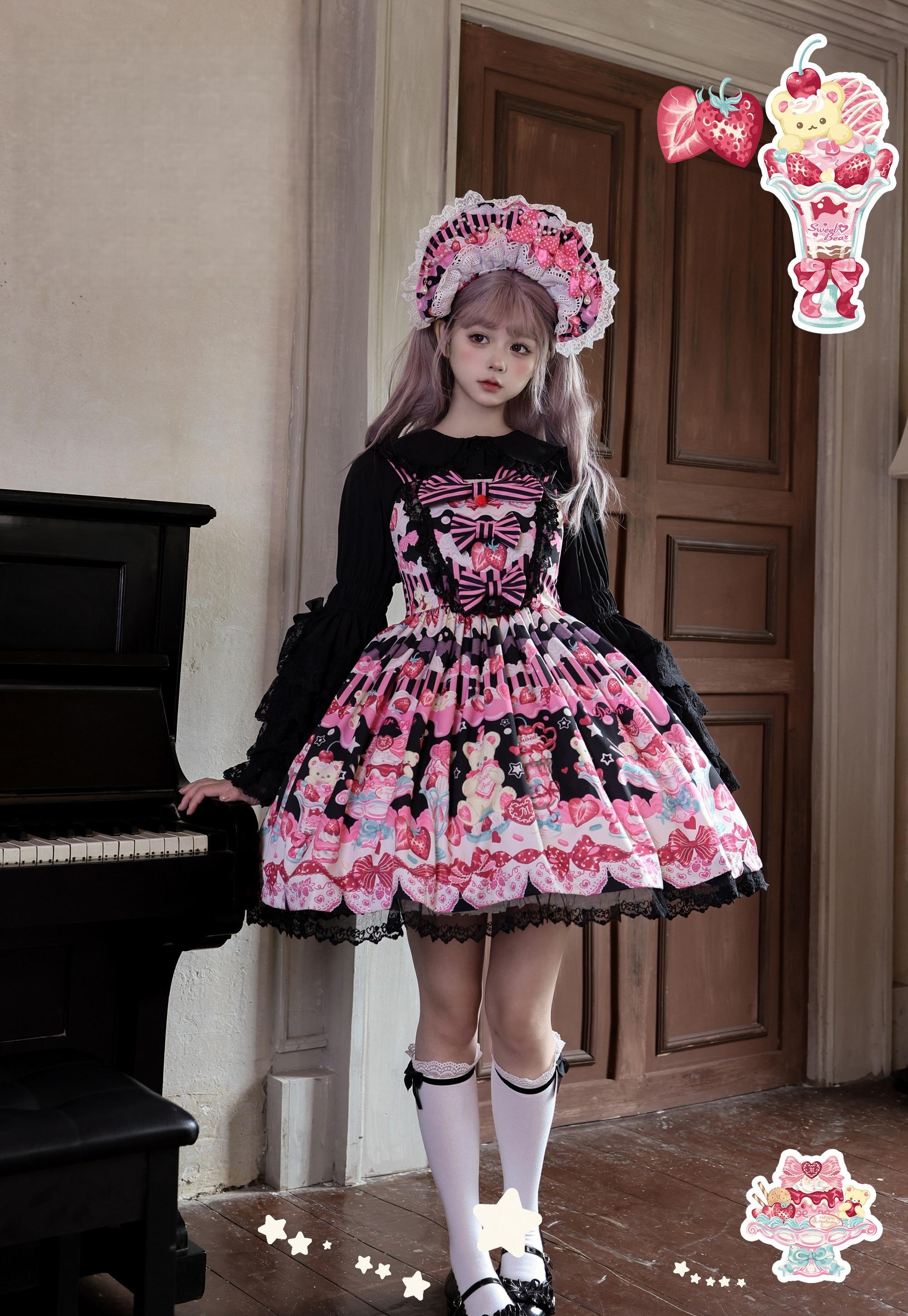 Strawberry Parfait - Strawberry Print Sweet Lolita JSK Dress, Side Pocket and Accessories - image 1