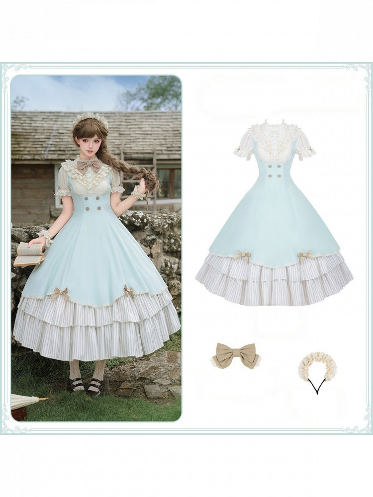 Beige and Blue Puff-Sleeve Lolita OP with Scalloped Hem and Butterfly Bows - image 12