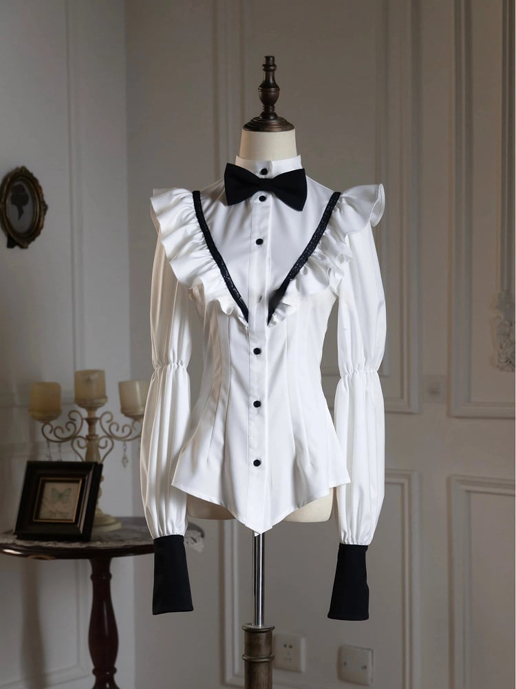 Crisp White Ruffled Shirt with Bow Tie for Ouji - Shi Zhi Mao - image 1