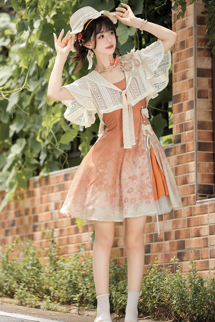 Orange Chrysanthemum Print Chinese-Inspired Lolita JSK Dress Set - image 3