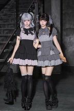 Square Collar Off Shoulder Short Sleeves Triple-Layered Bow Vintage Cool Lolita Dress - image 9