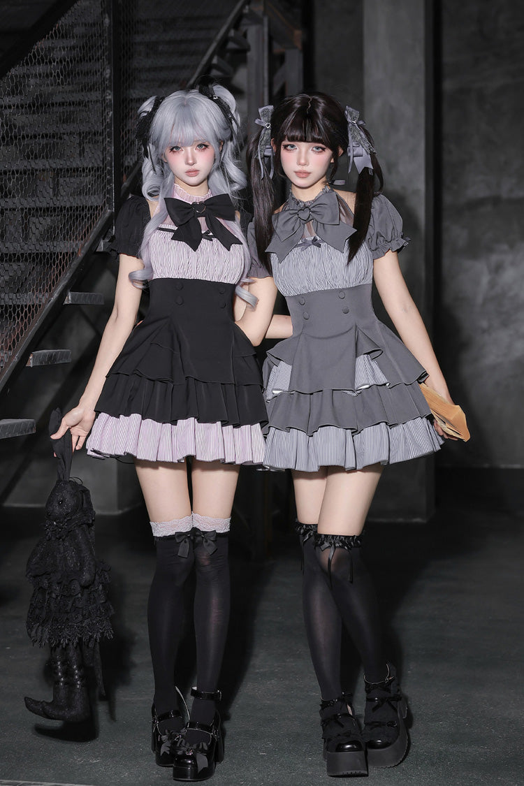 Square Collar Off Shoulder Short Sleeves Triple-Layered Bow Vintage Cool Lolita Dress - image 9