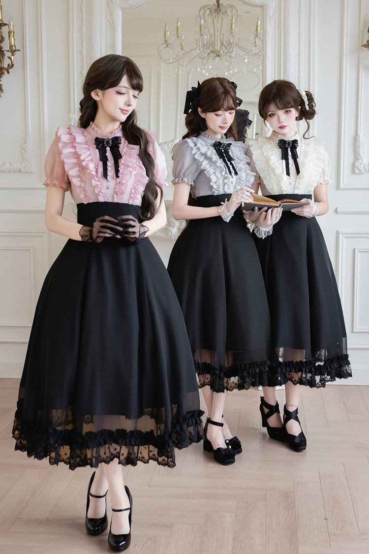 Miss Lola · Snow Kiss - Stand Collar Short Puff Sleeves Ruffled Color-Blocked Faux Two-Piece Sweet Lolita Long Dress 3 Colors - image 1