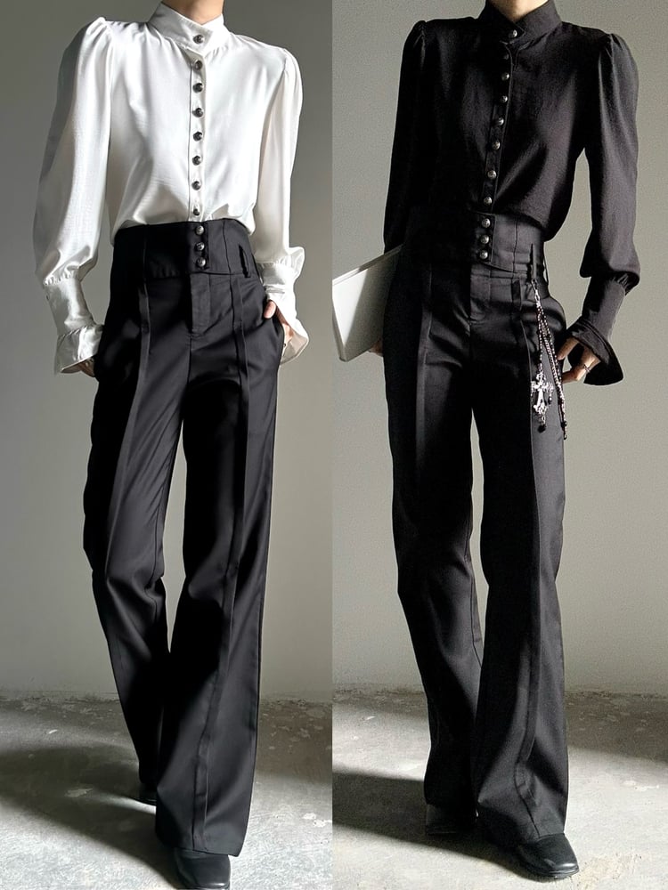 Black High-Waisted Ouji Flare Pants – Straight-Leg Buttoned Waistband | ASAE - image 5