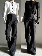 Black High-Waisted Ouji Flare Pants – Straight-Leg Buttoned Waistband | ASAE - image 5