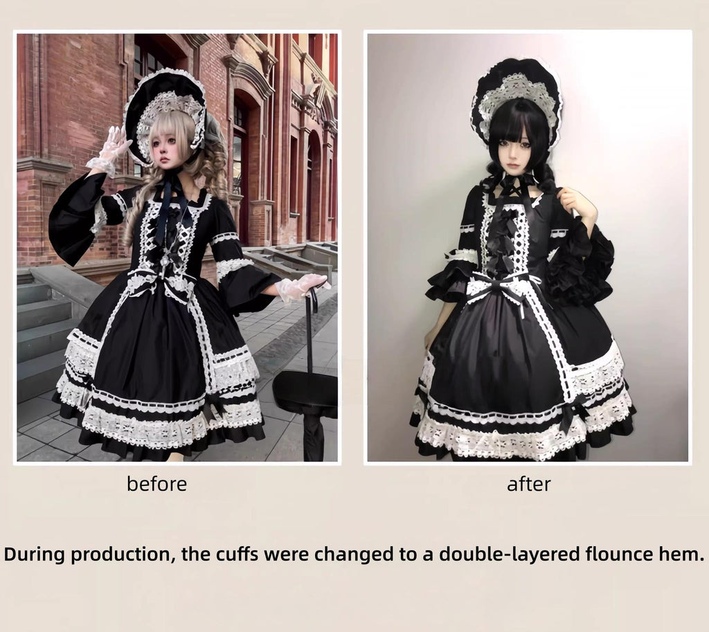 First Otome Black Old School Lolita OP Dress, Lace Details - image 4