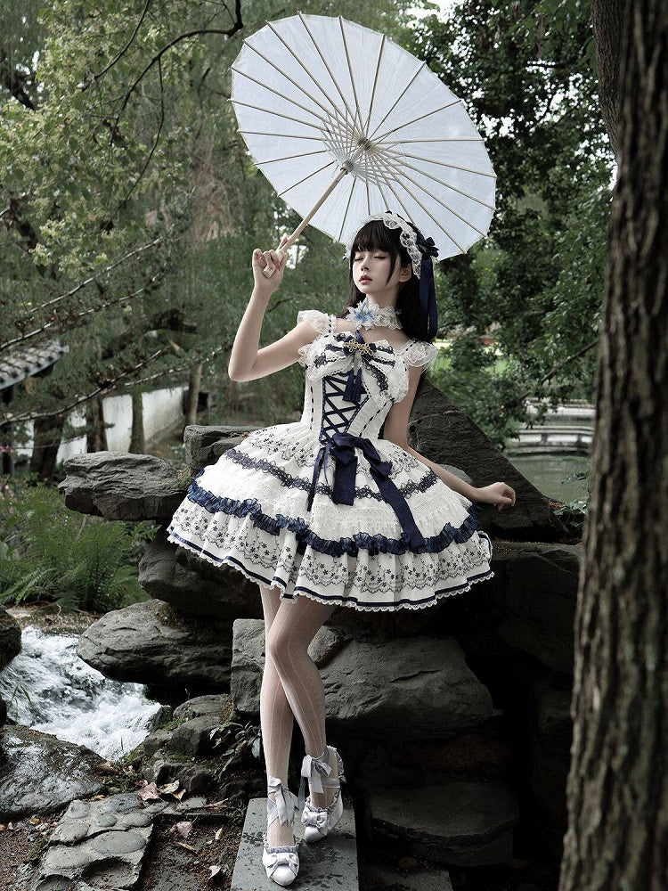 Blue and White Porcelain Corset Waist Lolita JSK Dress with Tassel Bows - image 7