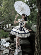 Blue and White Porcelain Corset Waist Lolita JSK Dress with Tassel Bows - image 7