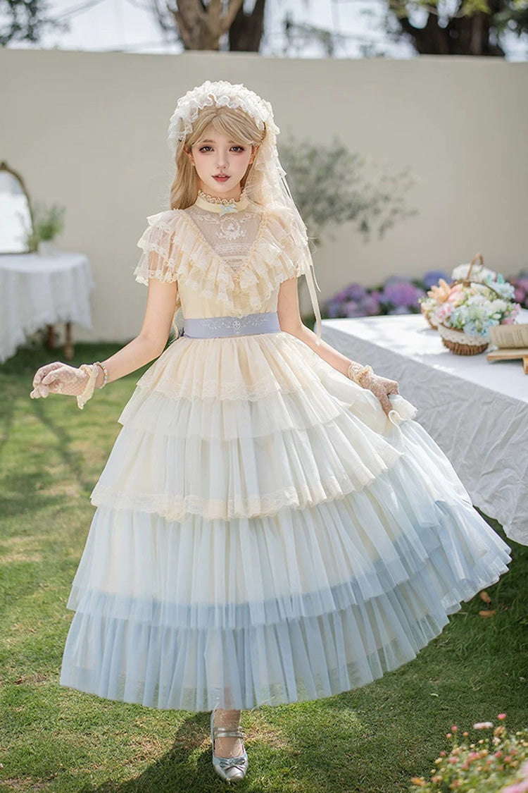 Sincere Vow - Edwardian Collar Short Sleeves Ombre Multi-Layered Ruffled Embroidered Sweet Lolita Dress - image 15