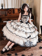 Beige and Black Swan-Embroidered Ruffled Classic Lolita JSK - image 13