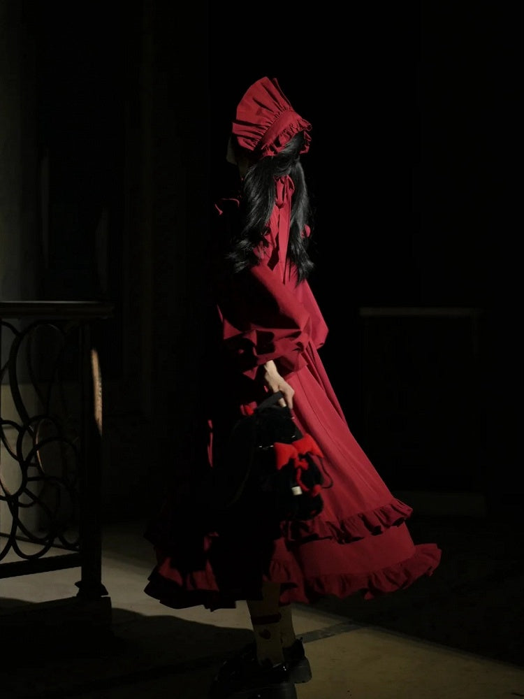 Red Gothic High-Neck Ruffled Lolita Dress with Detachable Sleeves - image 3