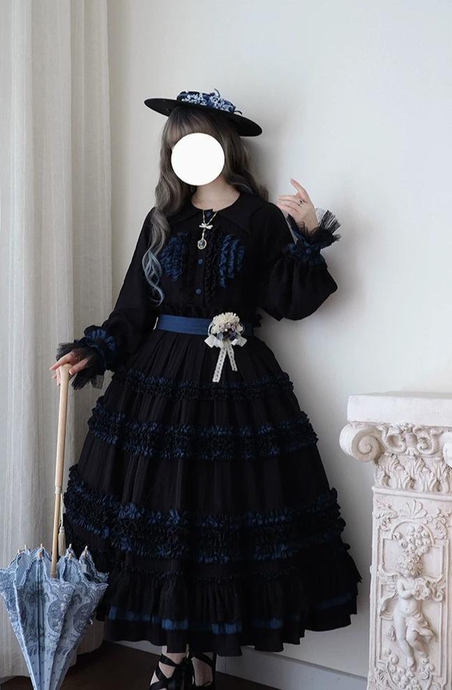 Wings and Bouquet - Dark Classic Lolita Blouse and SK Set, Layered Blue Ruffles - image 16