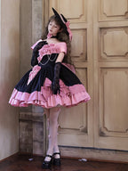 Pink and Black Roses Off-Shoulder Lolita Boned Dress, Choker and Hat Set - image 2