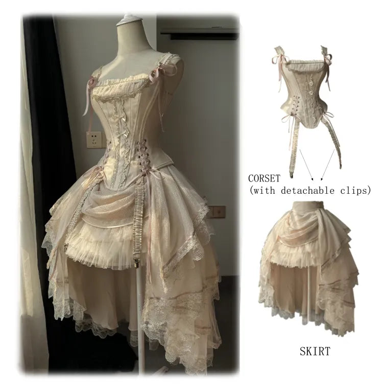 Champagne Lace-Up Corset Top and High-Low Lolita Skirt - image 6