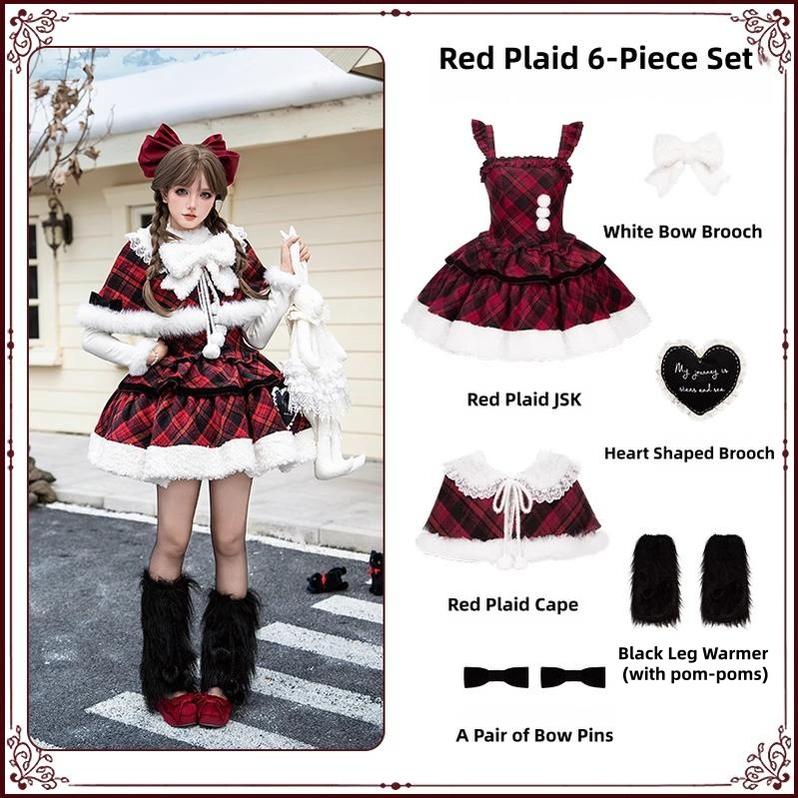 Snow Night Serenade - Fluffy Plaid Kawaii Lolita JSK, Reversible Cape and Accessories - image 32