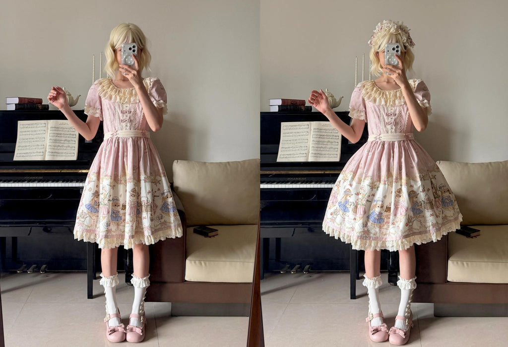 Picnic Bunny - Cotton Daily Doll-like Lolita OP Dress, Bunny Print and Accessories - image 15