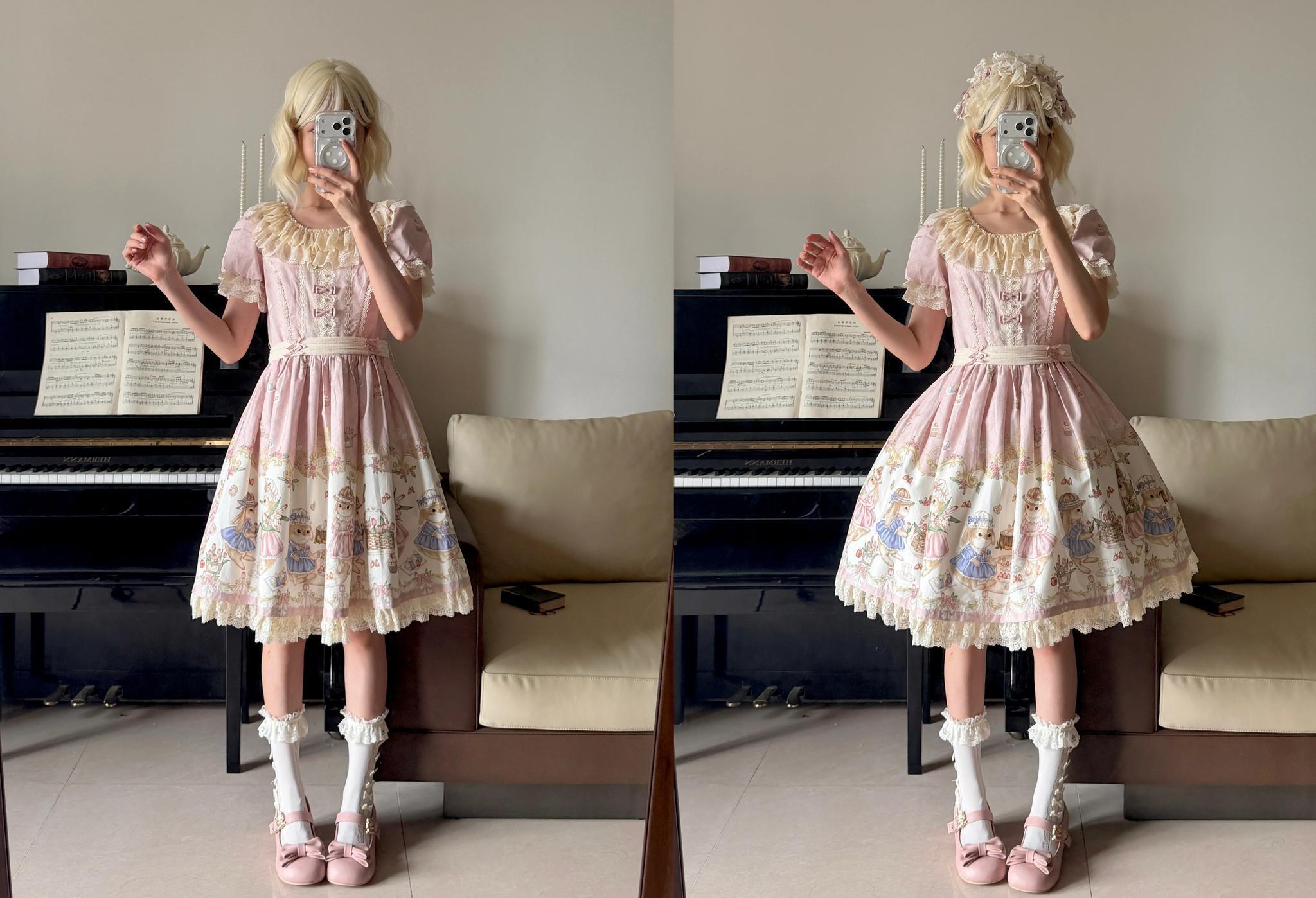Picnic Bunny - Cotton Daily Doll-like Lolita OP Dress, Bunny Print and Accessories - image 15