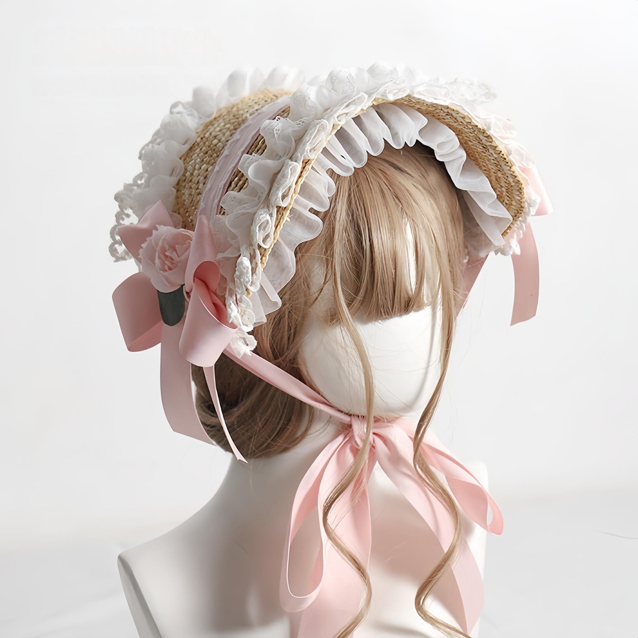 Country Straw BNT Lolita Headpiece with Ruffled Lace - image 5