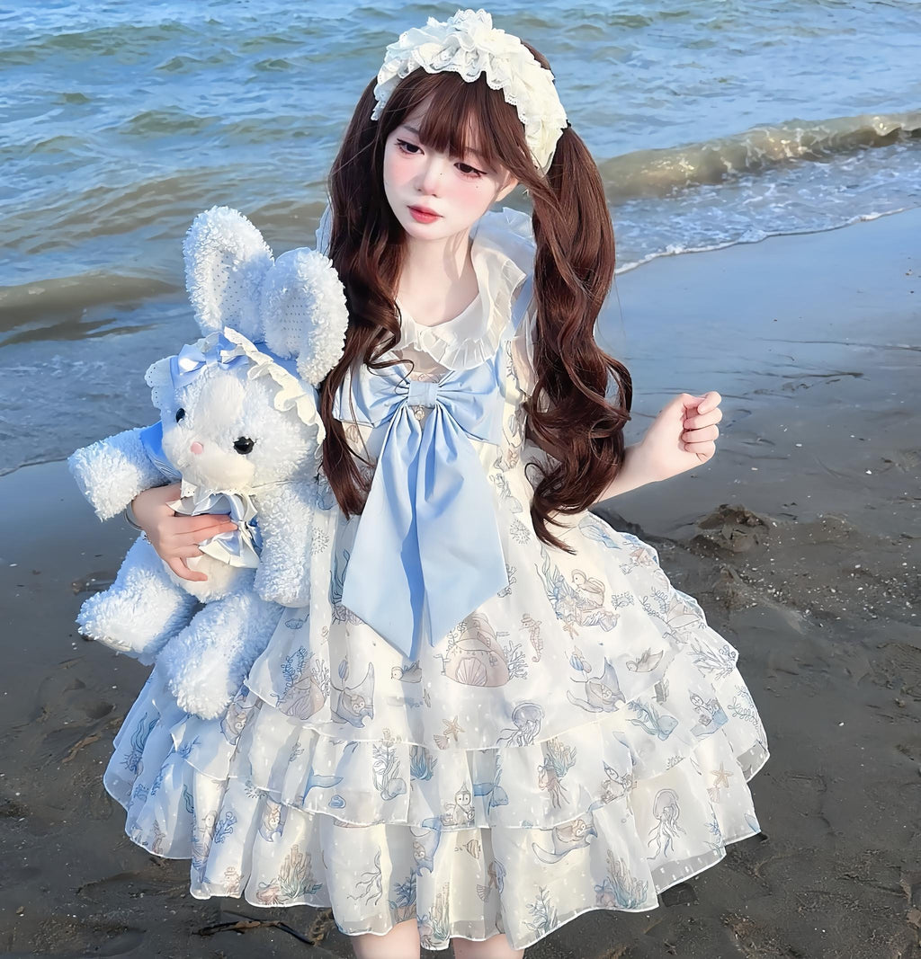 Ocean Sweetheart - Chiffon Sweet Lolita JSK Dress, Whale & Jellyfish Print - image 1