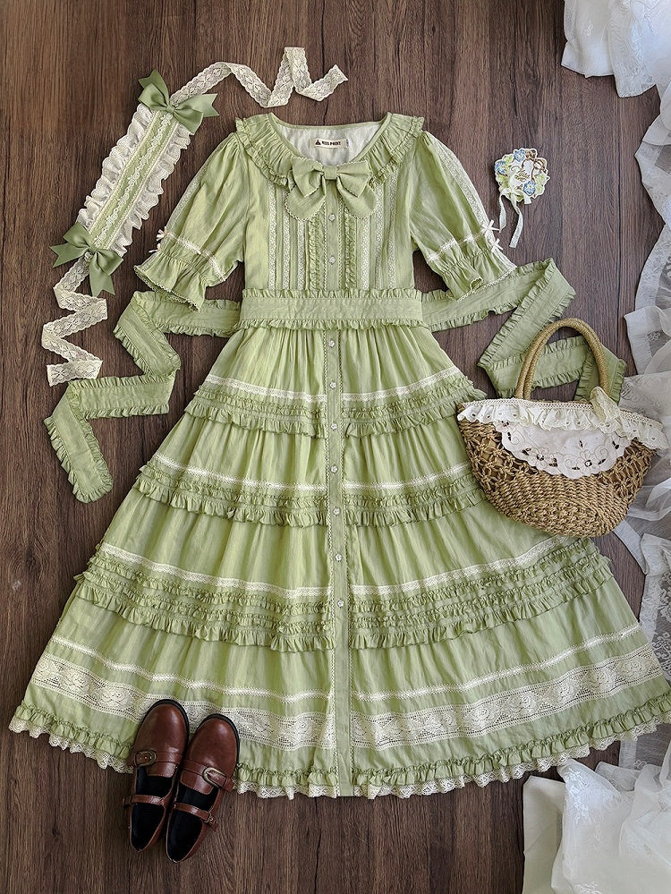 Green Layered-Ruffle Elegant Lolita Dress with Front Button Placket - image 10
